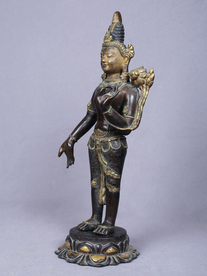 13" Buddhist Deity Padmapani Avalokiteshvara | Handmade Idol | Copper Statue Gilded With Gold From Nepal