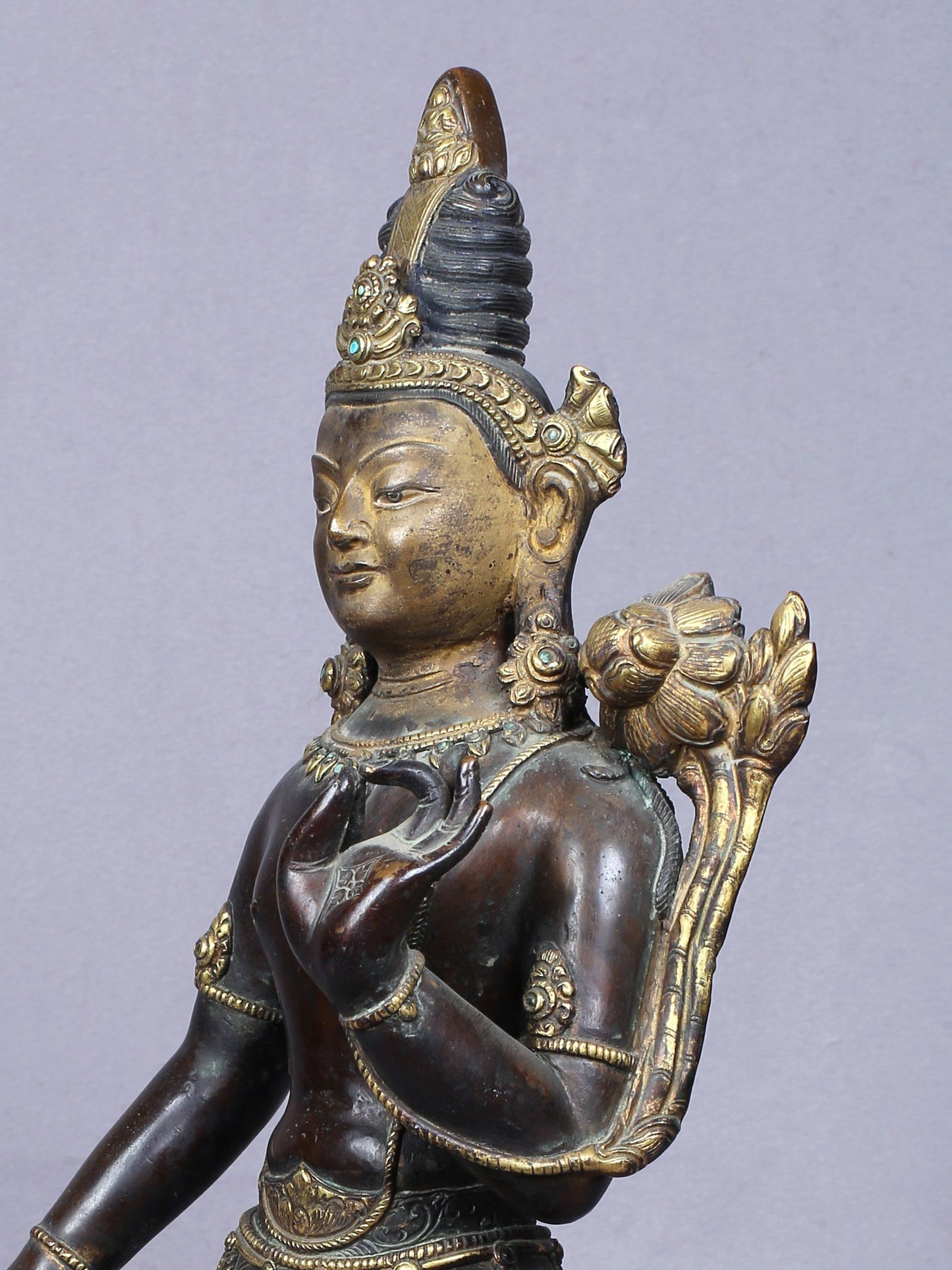 13" Buddhist Deity Padmapani Avalokiteshvara | Handmade Idol | Copper Statue Gilded With Gold From Nepal