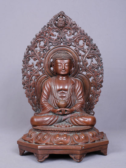 11" Amitabha Buddha Idol Seated on Throne | Handmade Idol | Copper Statue From Nepal