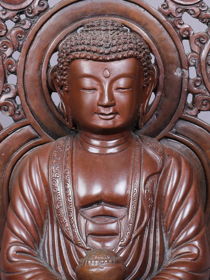 11" Amitabha Buddha Idol Seated on Throne | Handmade Idol | Copper Statue From Nepal