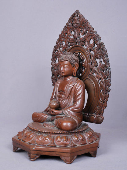 11" Amitabha Buddha Idol Seated on Throne | Handmade Idol | Copper Statue From Nepal