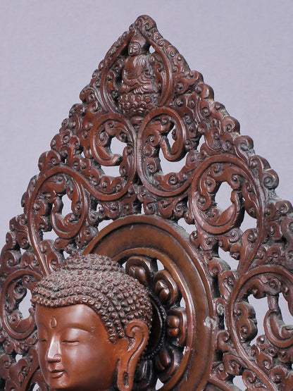 11" Amitabha Buddha Idol Seated on Throne | Handmade Idol | Copper Statue From Nepal