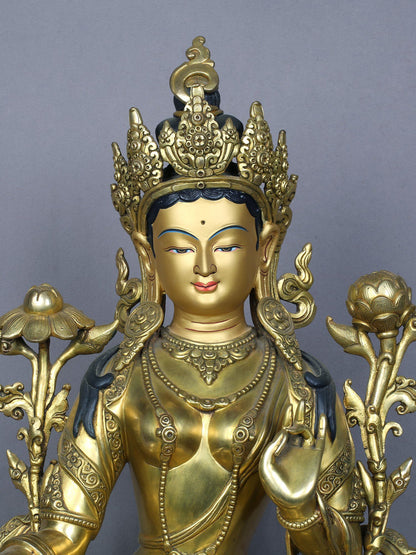 18" Tibetan Buddhist Goddess Green Tara | Handmade Idol | Goddess Statue | Copper Statue Gilded with Gold | From Nepal