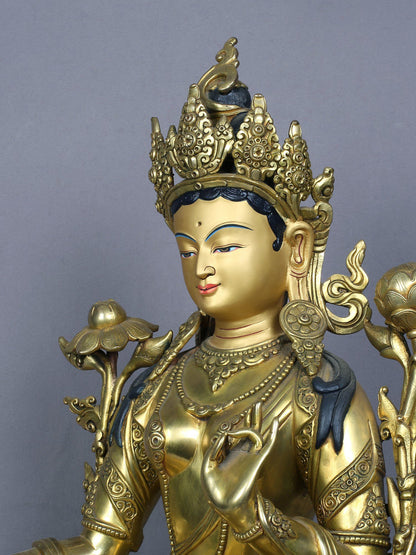 18" Tibetan Buddhist Goddess Green Tara | Handmade Idol | Goddess Statue | Copper Statue Gilded with Gold | From Nepal