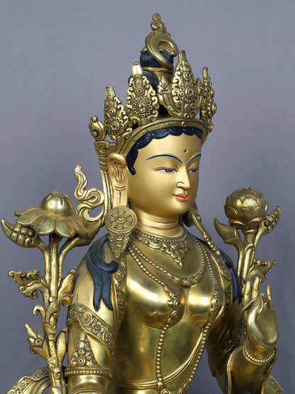 18" Tibetan Buddhist Goddess Green Tara | Handmade Idol | Goddess Statue | Copper Statue Gilded with Gold | From Nepal