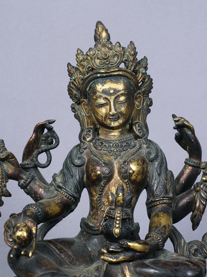 8" Goddess Vasudhara Copper Statue Gilded With Gold | Handmade Idol | Goddess Statue