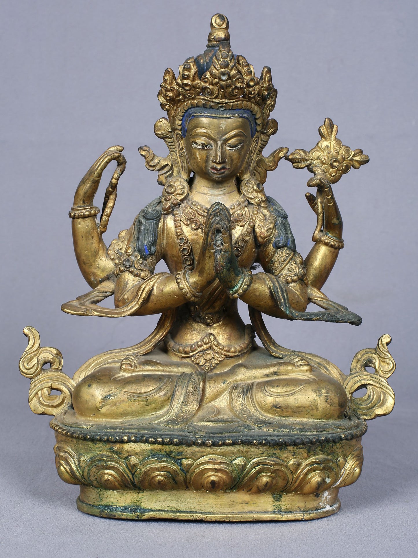 9" Four Armed Avalokiteshvara (Chenrezig) | Handmade Idol | Copper Statue Gilded With Gold