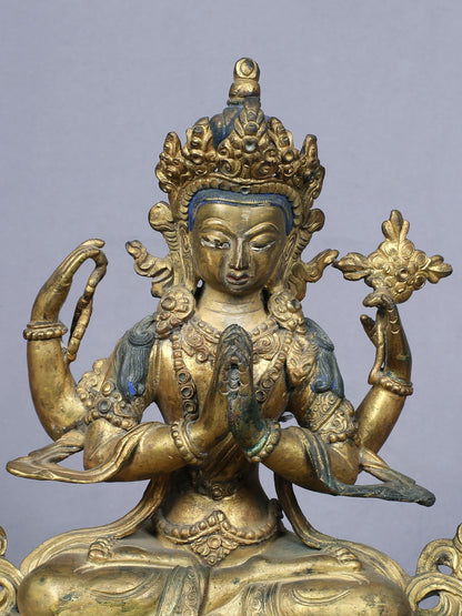 9" Four Armed Avalokiteshvara (Chenrezig) | Handmade Idol | Copper Statue Gilded With Gold