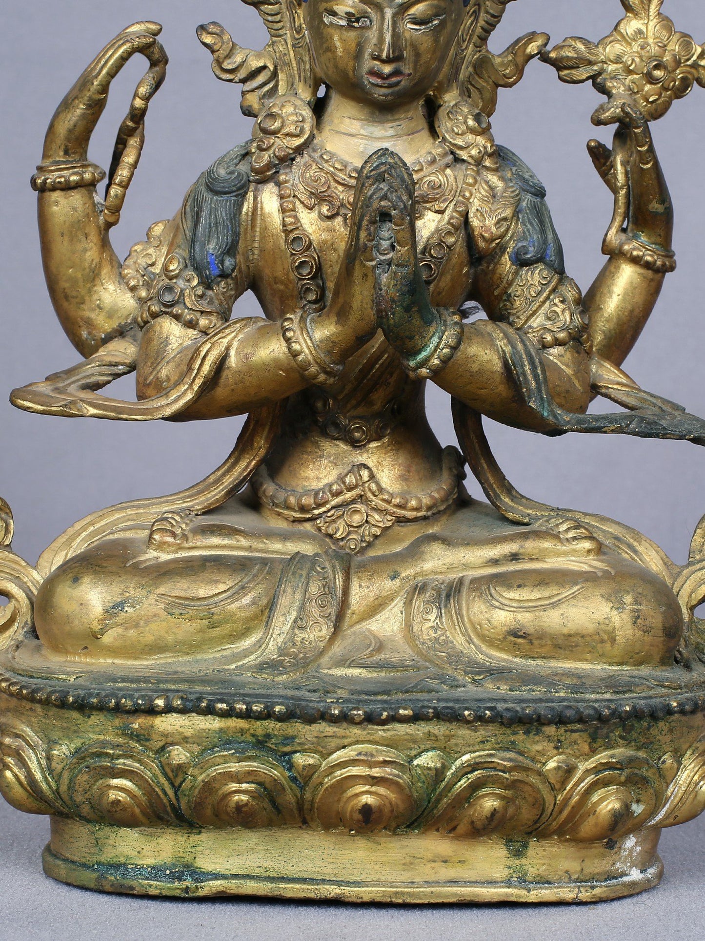 9" Four Armed Avalokiteshvara (Chenrezig) | Handmade Idol | Copper Statue Gilded With Gold