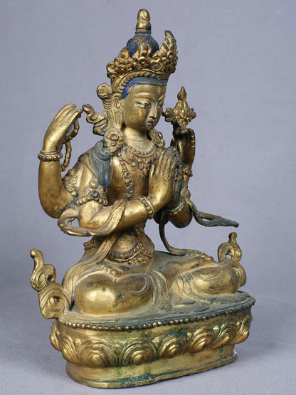 9" Four Armed Avalokiteshvara (Chenrezig) | Handmade Idol | Copper Statue Gilded With Gold