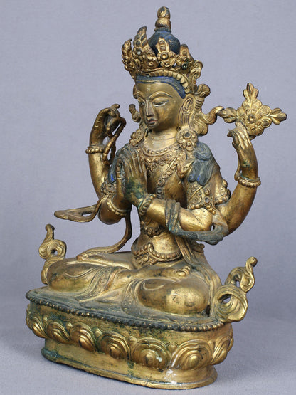 9" Four Armed Avalokiteshvara (Chenrezig) | Handmade Idol | Copper Statue Gilded With Gold