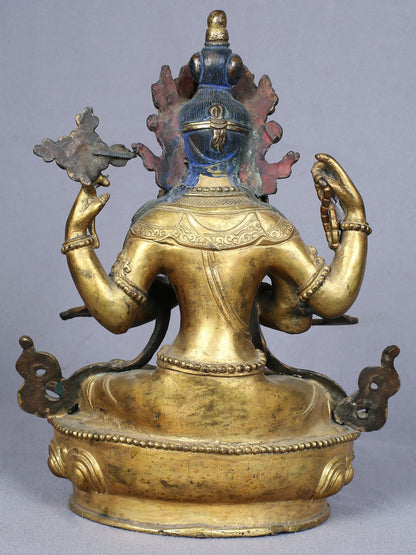 9" Four Armed Avalokiteshvara (Chenrezig) | Handmade Idol | Copper Statue Gilded With Gold