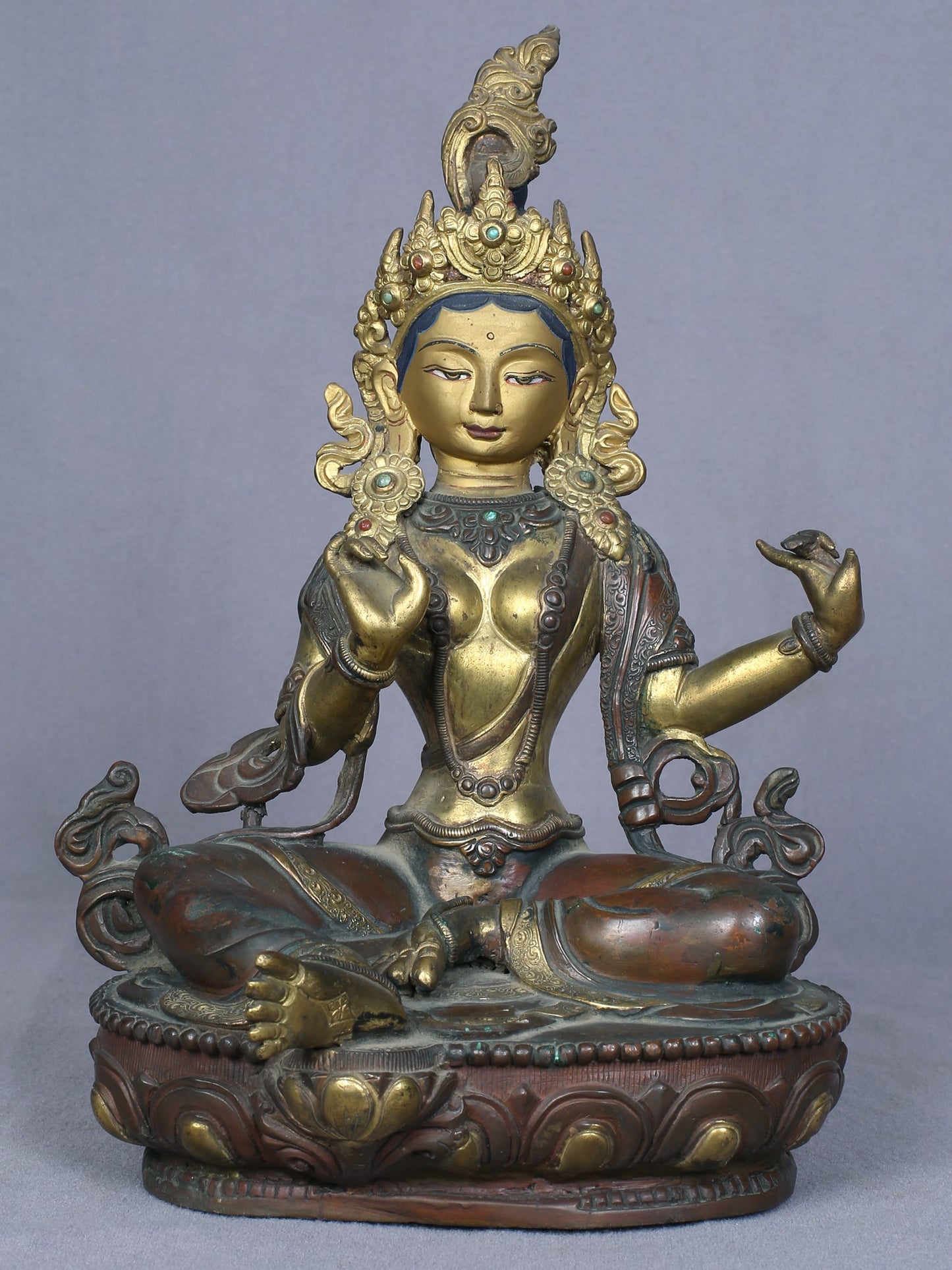 8" Buddhist Deity Green Tara Idol from Nepal | Handmade Idol | Copper Statue Gilded with Gold