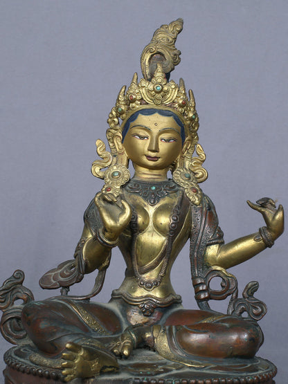 8" Buddhist Deity Green Tara Idol from Nepal | Handmade Idol | Copper Statue Gilded with Gold