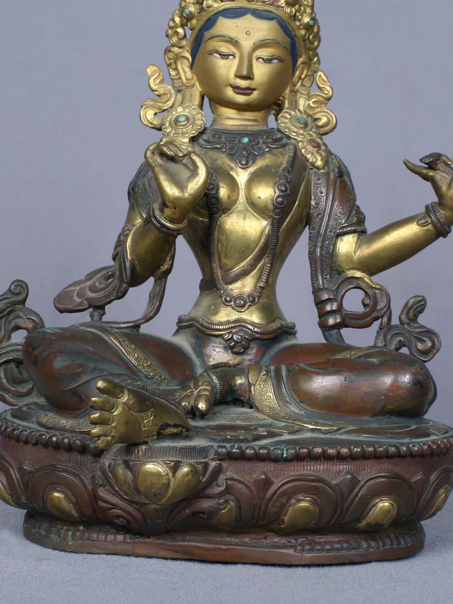 8" Buddhist Deity Green Tara Idol from Nepal | Handmade Idol | Copper Statue Gilded with Gold