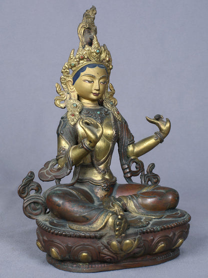 8" Buddhist Deity Green Tara Idol from Nepal | Handmade Idol | Copper Statue Gilded with Gold