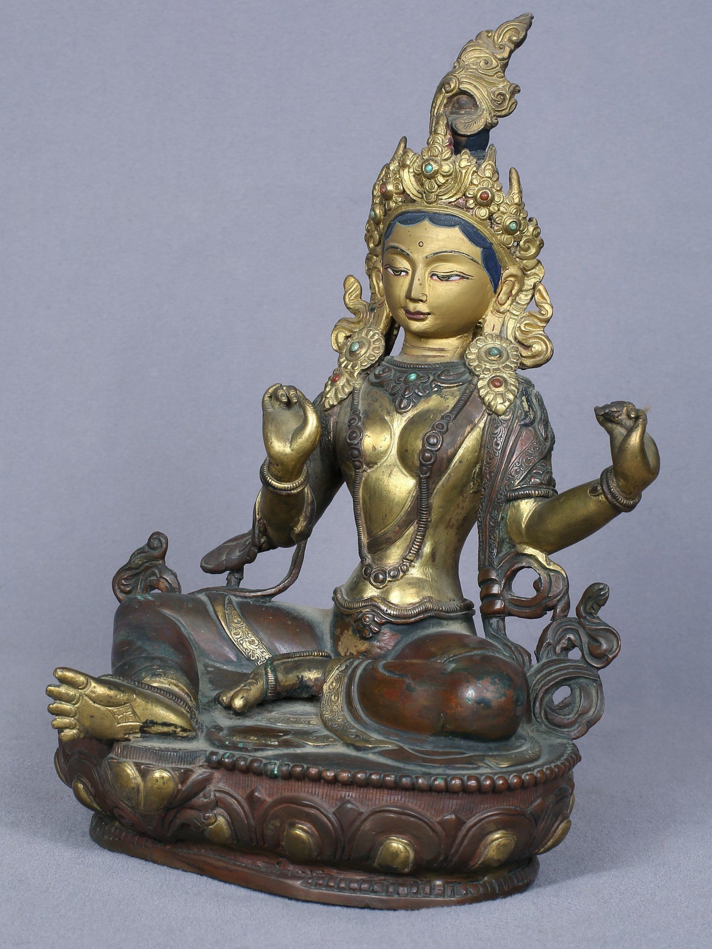 8" Buddhist Deity Green Tara Idol from Nepal | Handmade Idol | Copper Statue Gilded with Gold