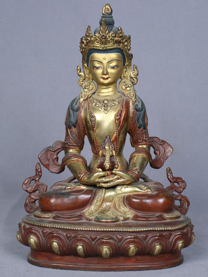 8" Aparmita Buddha Idol From Nepal | Handmade Idol | Copper Statue Gilded With Gold