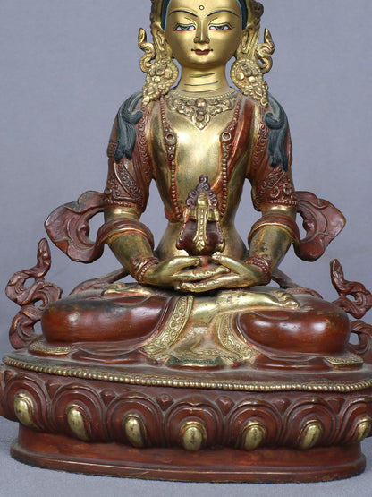 8" Aparmita Buddha Idol From Nepal | Handmade Idol | Copper Statue Gilded With Gold