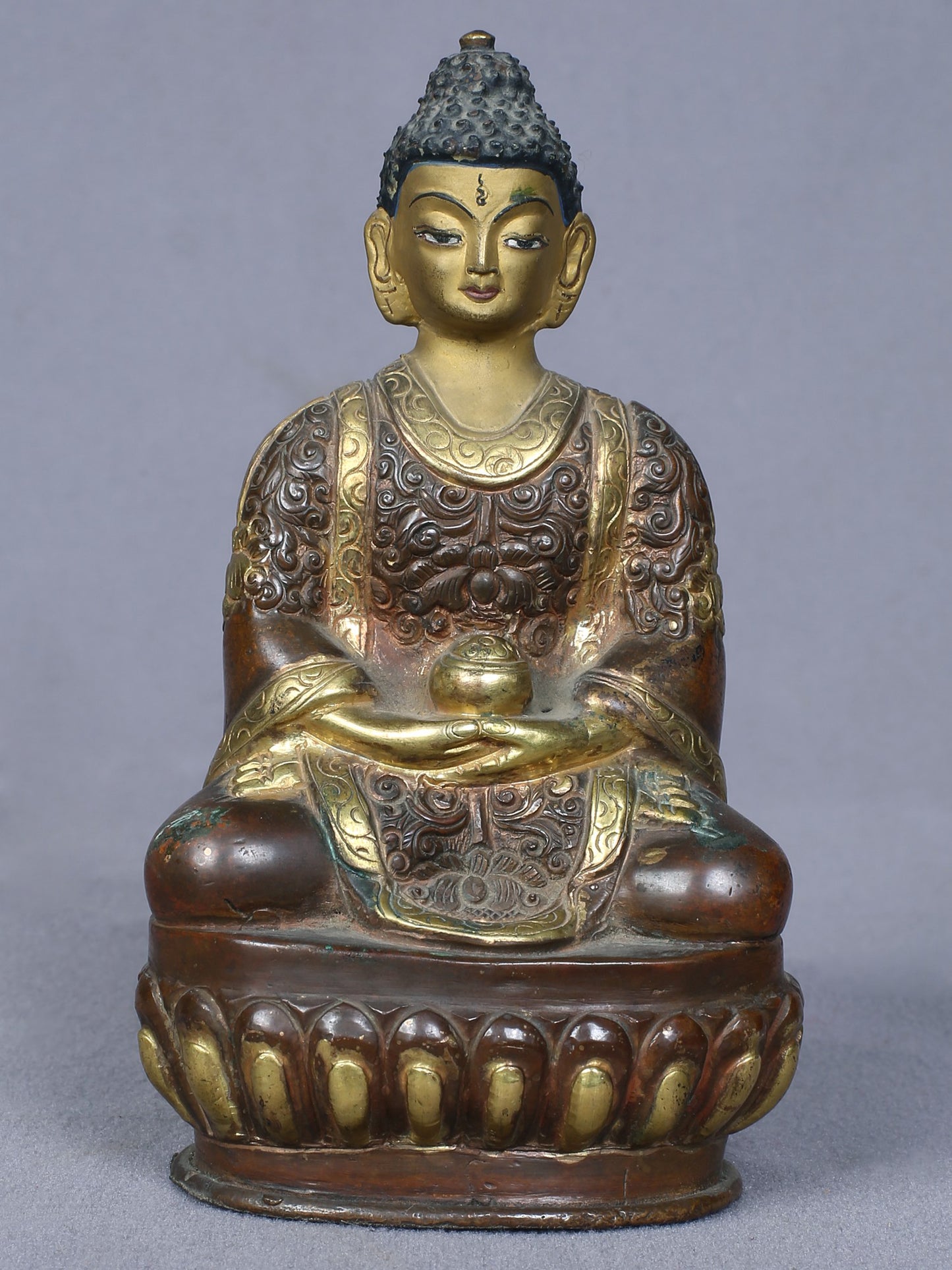 5" Small Amitabha Buddha Copper Statue Gilded With Gold From Nepal | Handmade Copper Idol