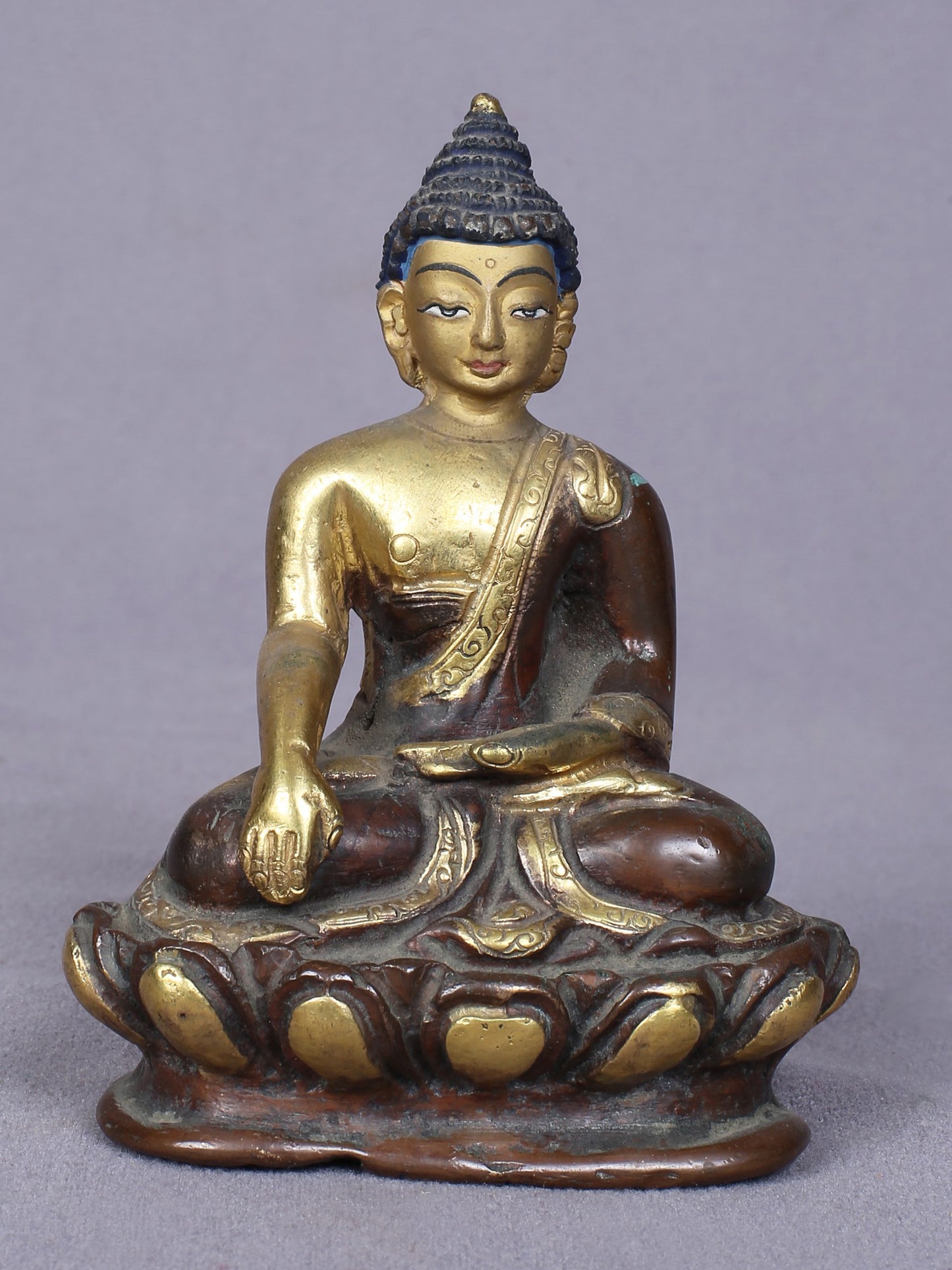 4" Small Bhumisparsha Buddha Idol From Nepal | Handmade Buddha Idol | Copper Statue Gilded With Gold