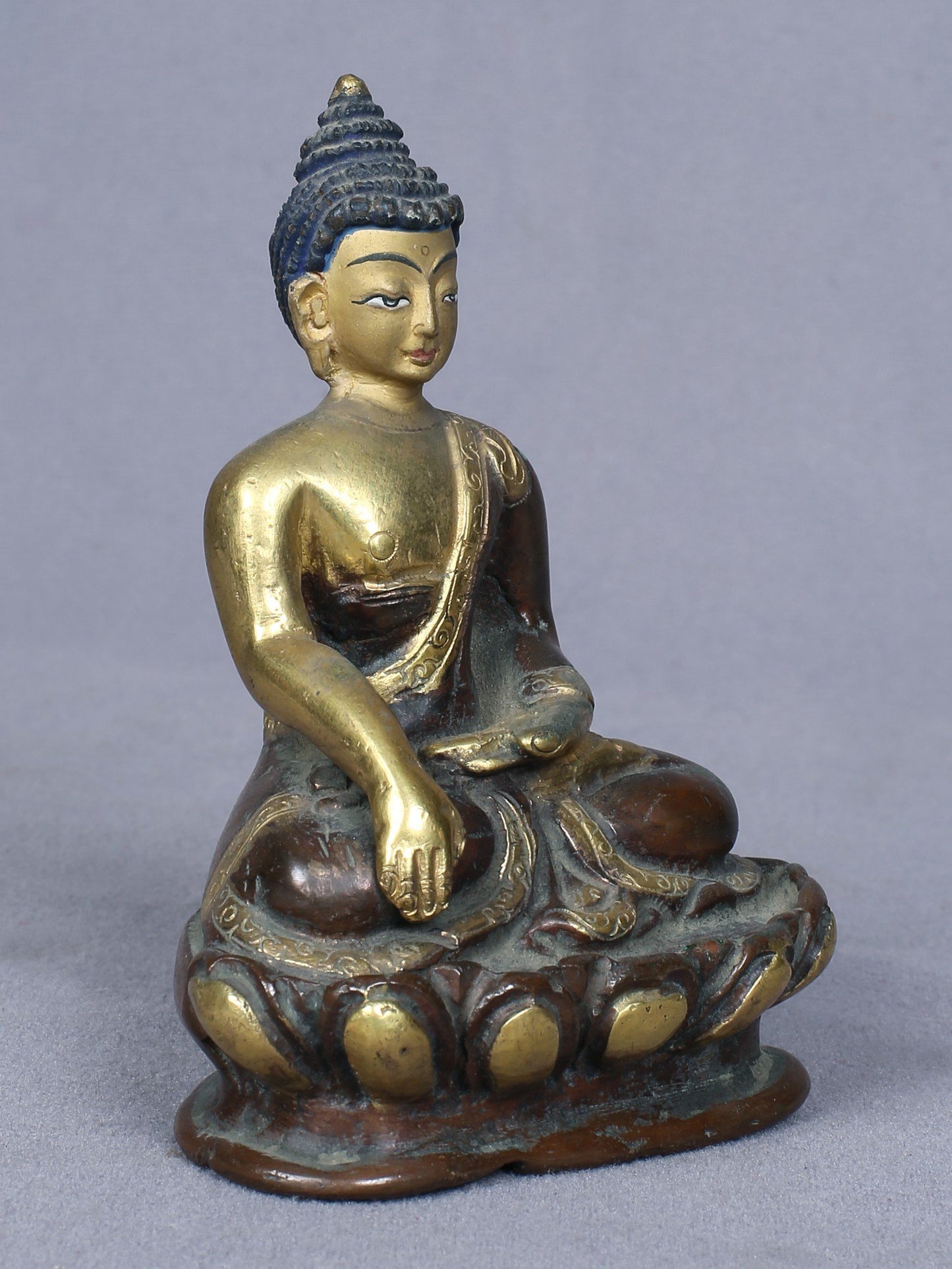 4" Small Bhumisparsha Buddha Idol From Nepal | Handmade Buddha Idol | Copper Statue Gilded With Gold