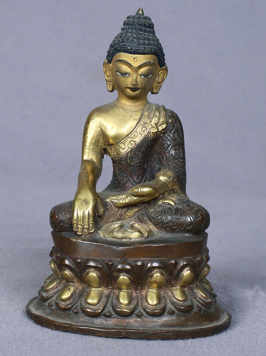 4" Small Earth-Touching Buddha Idol From Nepal | Handmade Buddha Idol | Copper Statue Gilded With Gold