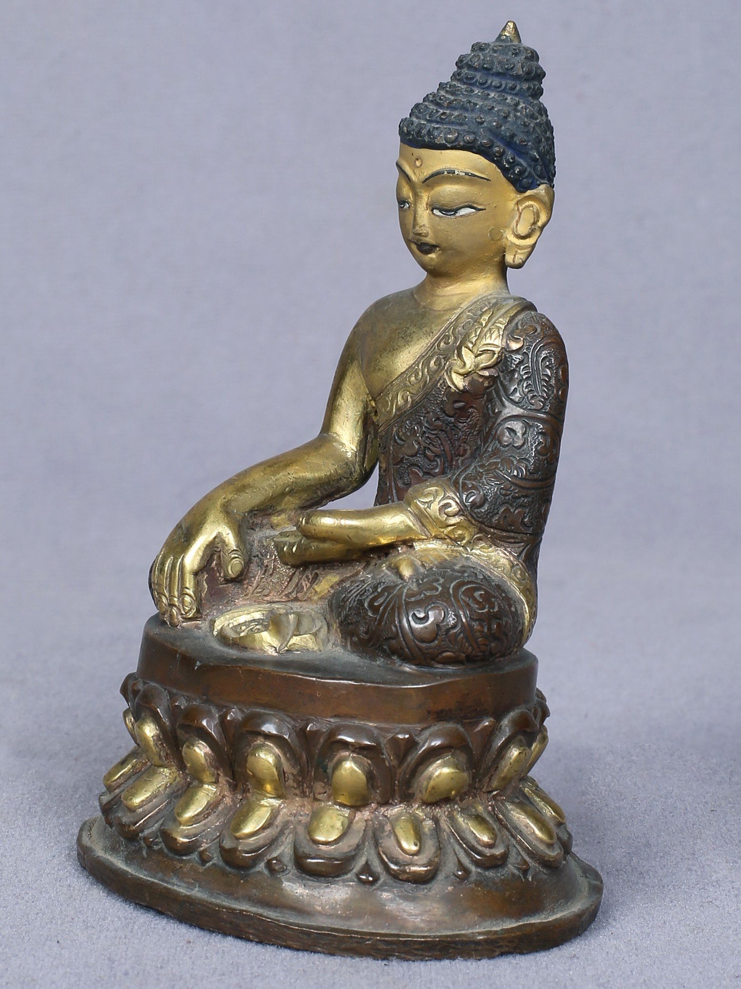 4" Small Earth-Touching Buddha Idol From Nepal | Handmade Buddha Idol | Copper Statue Gilded With Gold