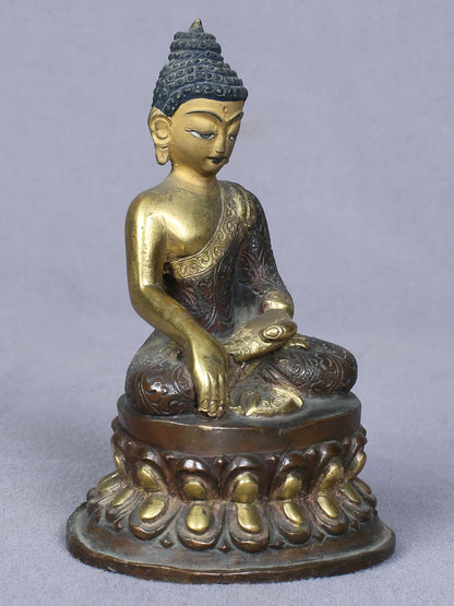 4" Small Earth-Touching Buddha Idol From Nepal | Handmade Buddha Idol | Copper Statue Gilded With Gold