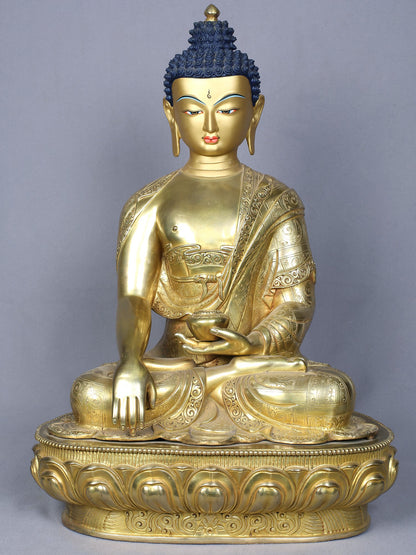 18" Shakyamuni Buddha in Bhumi-Sparsha Gesture | Nepalese Copper Statue Gilded with Gold