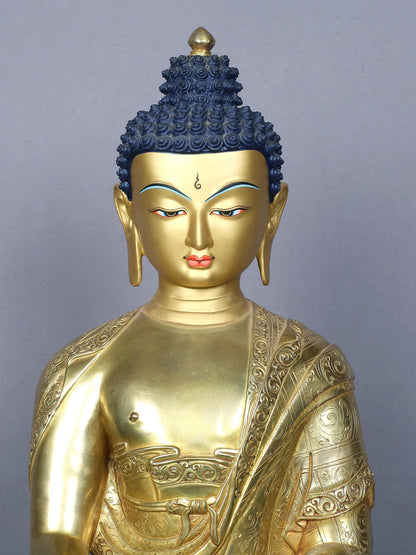 18" Shakyamuni Buddha in Bhumi-Sparsha Gesture | Nepalese Copper Statue Gilded with Gold