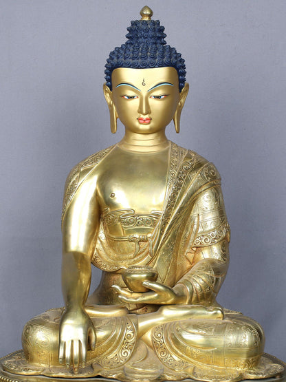 18" Shakyamuni Buddha in Bhumi-Sparsha Gesture | Nepalese Copper Statue Gilded with Gold