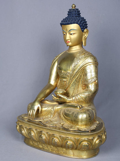 18" Shakyamuni Buddha in Bhumi-Sparsha Gesture | Nepalese Copper Statue Gilded with Gold