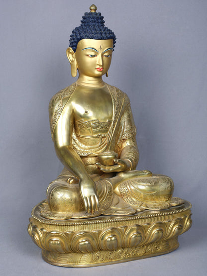 18" Shakyamuni Buddha in Bhumi-Sparsha Gesture | Nepalese Copper Statue Gilded with Gold