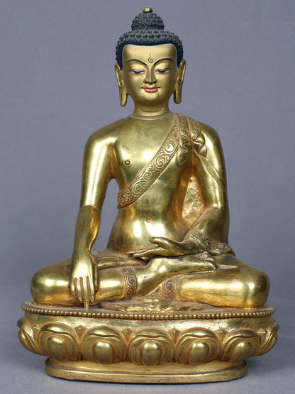 9" Sitting Shakyamuni Buddha Idol | Handmade Idol | Copper Statue Gilded with Gold From Nepal