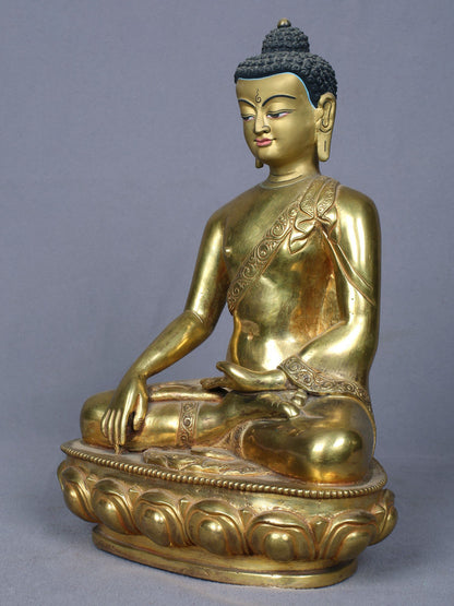 9" Sitting Shakyamuni Buddha Idol | Handmade Idol | Copper Statue Gilded with Gold From Nepal