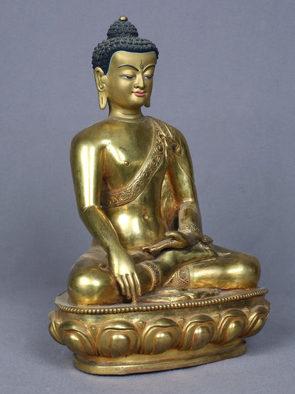 9" Sitting Shakyamuni Buddha Idol | Handmade Idol | Copper Statue Gilded with Gold From Nepal