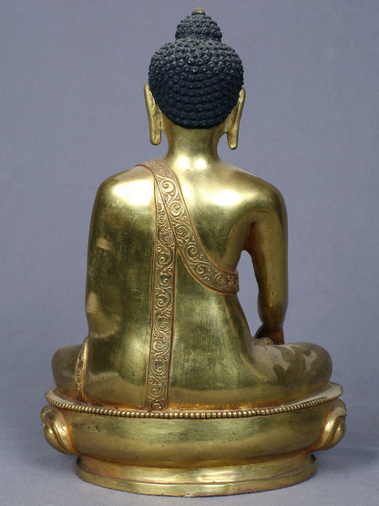 9" Sitting Shakyamuni Buddha Idol | Handmade Idol | Copper Statue Gilded with Gold From Nepal