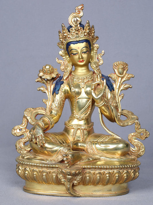 9" Buddhist Goddess Green Tara Gilded Copper Statue From Nepal | Goddess Statue | Handmade Idol