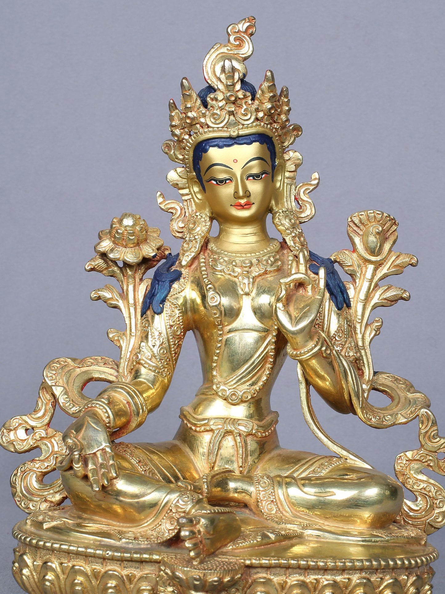 9" Buddhist Goddess Green Tara Gilded Copper Statue From Nepal | Goddess Statue | Handmade Idol