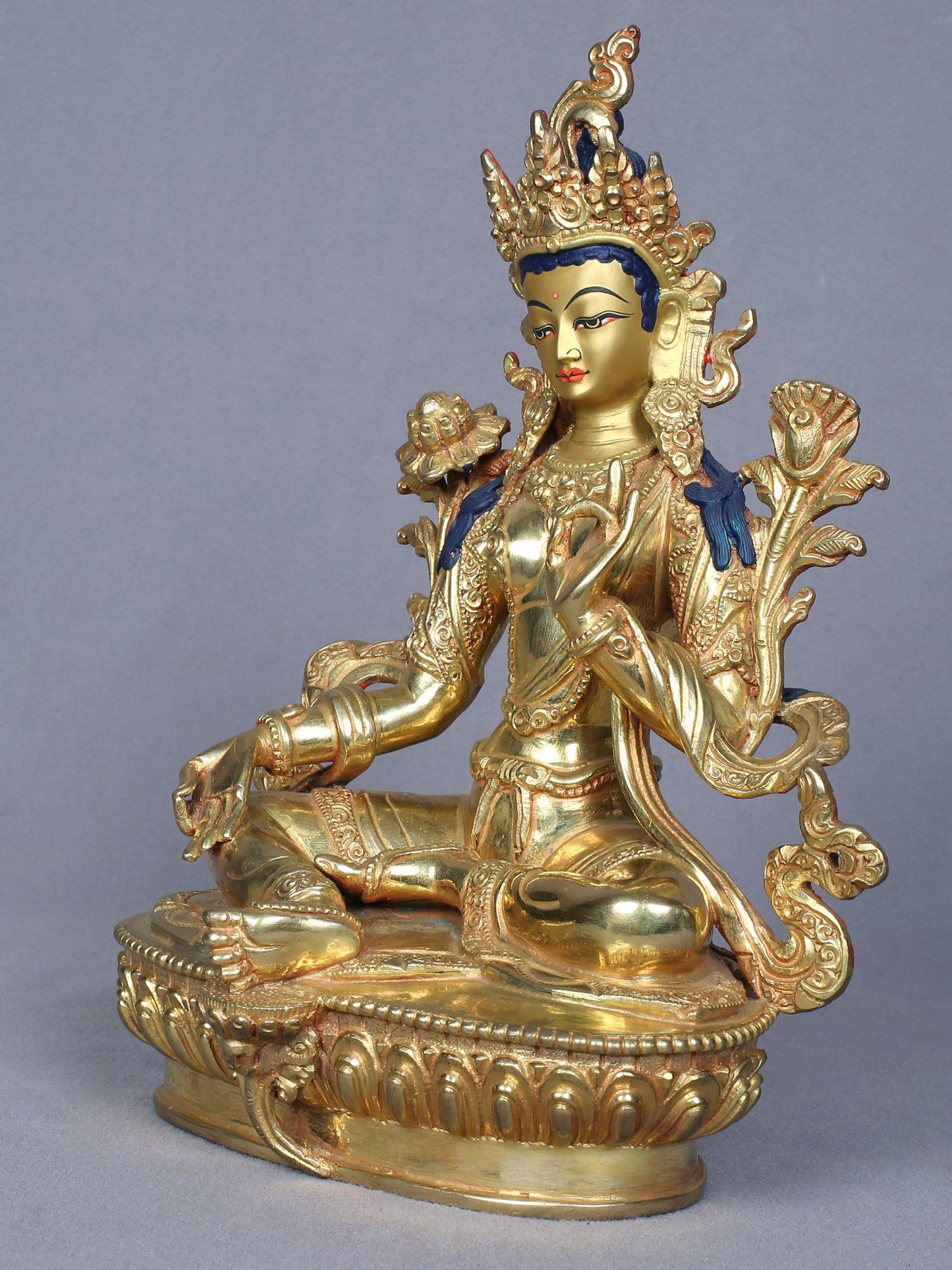 9" Buddhist Goddess Green Tara Gilded Copper Statue From Nepal | Goddess Statue | Handmade Idol