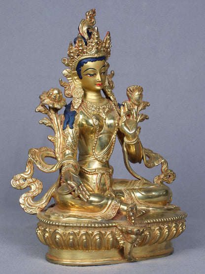 9" Buddhist Goddess Green Tara Gilded Copper Statue From Nepal | Goddess Statue | Handmade Idol