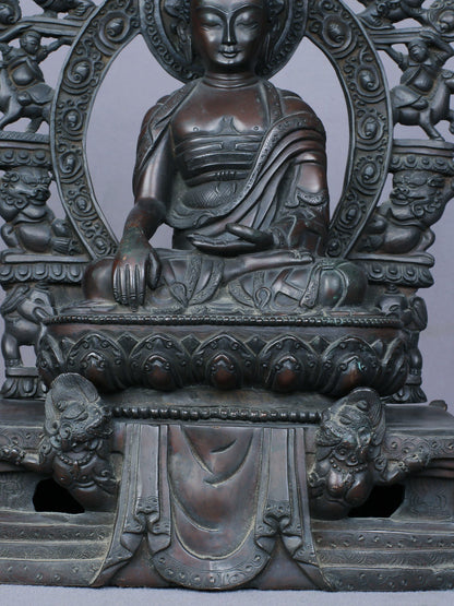 10" Shakyamuni Buddha Idol Seated On Throne | Handmade Buddha Idol | Copper Statue From Nepal