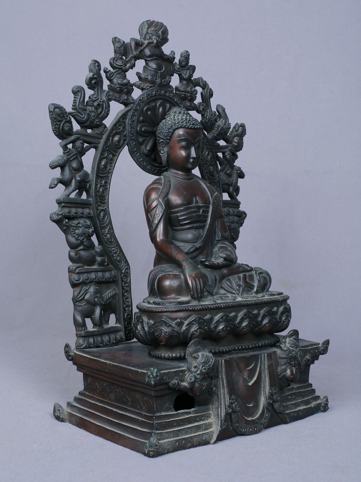 10" Shakyamuni Buddha Idol Seated On Throne | Handmade Buddha Idol | Copper Statue From Nepal