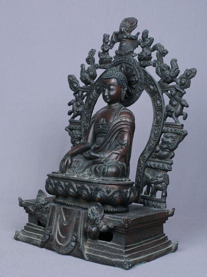 10" Shakyamuni Buddha Idol Seated On Throne | Handmade Buddha Idol | Copper Statue From Nepal