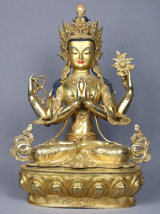 18" Tibetan Buddhist Deity Four Armed Avalokiteshvara | Copper Statue Gilded with Gold