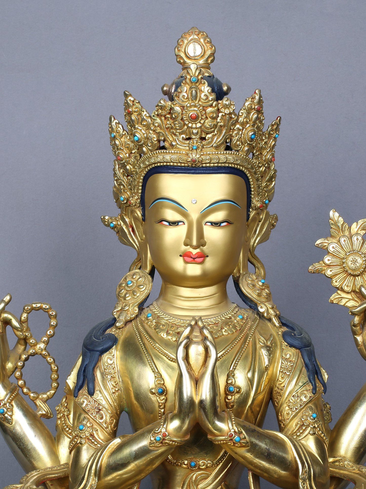 18" Tibetan Buddhist Deity Four Armed Avalokiteshvara | Copper Statue Gilded with Gold