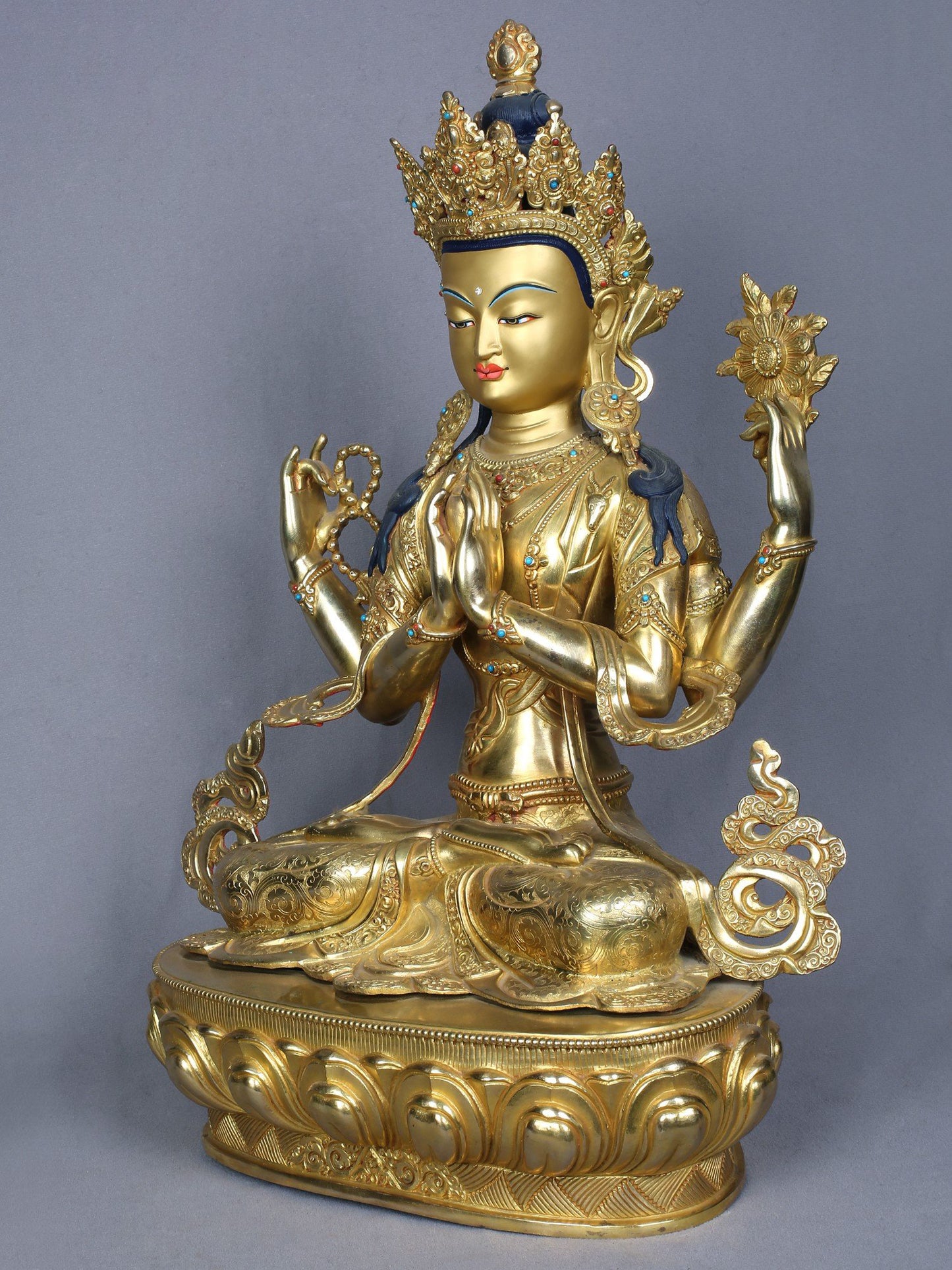 18" Tibetan Buddhist Deity Four Armed Avalokiteshvara | Copper Statue Gilded with Gold