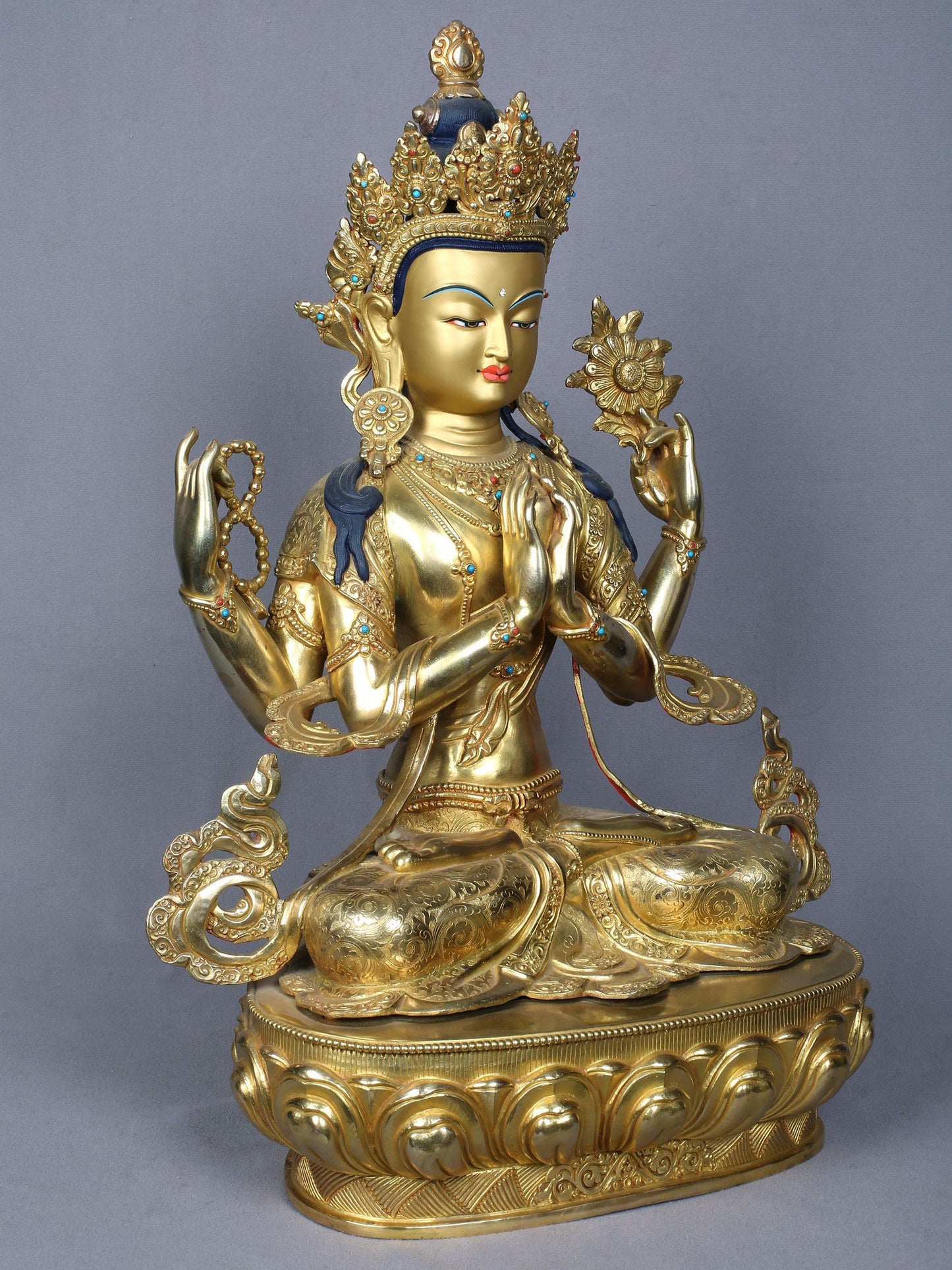 18" Tibetan Buddhist Deity Four Armed Avalokiteshvara | Copper Statue Gilded with Gold