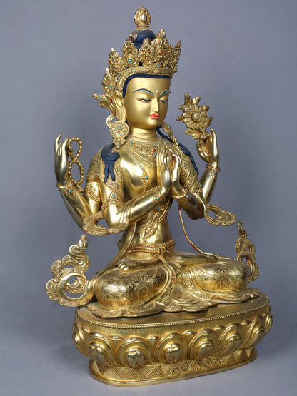 18" Tibetan Buddhist Deity Four Armed Avalokiteshvara | Copper Statue Gilded with Gold